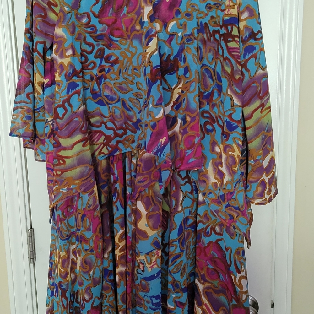 Multicolored Dress, 2 Piece, high-low variations. 60 inches to the lowest hem.